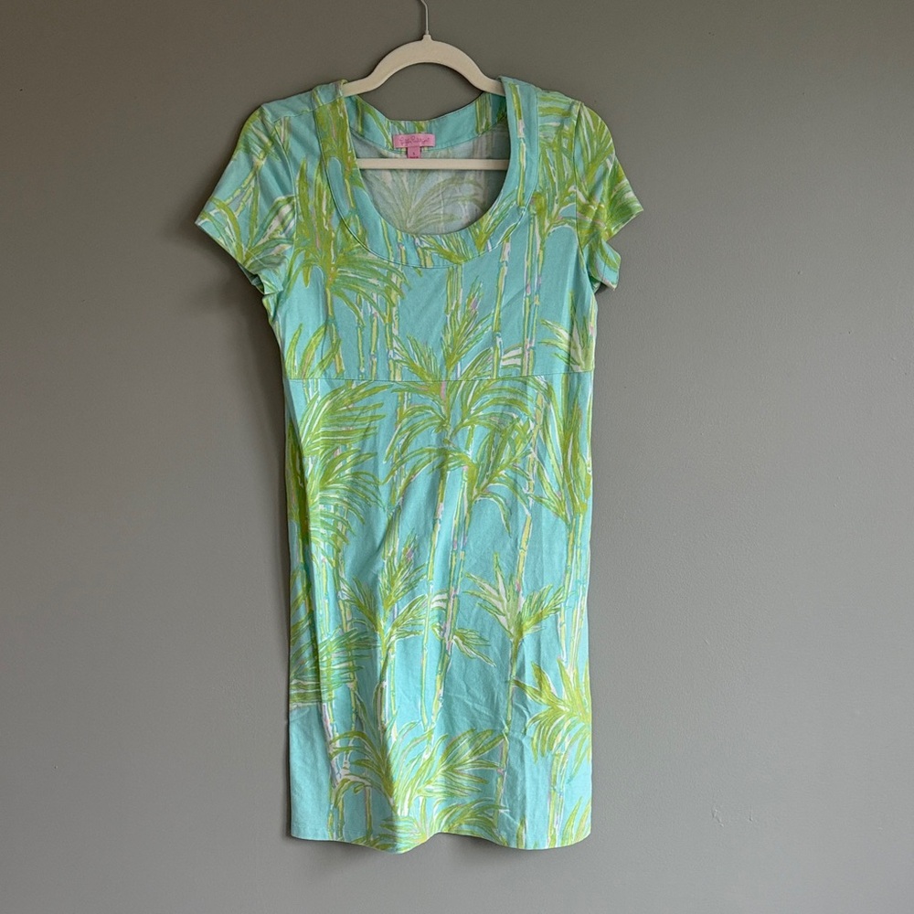 Light Blue & Green Palm-Print T Shirt Dress